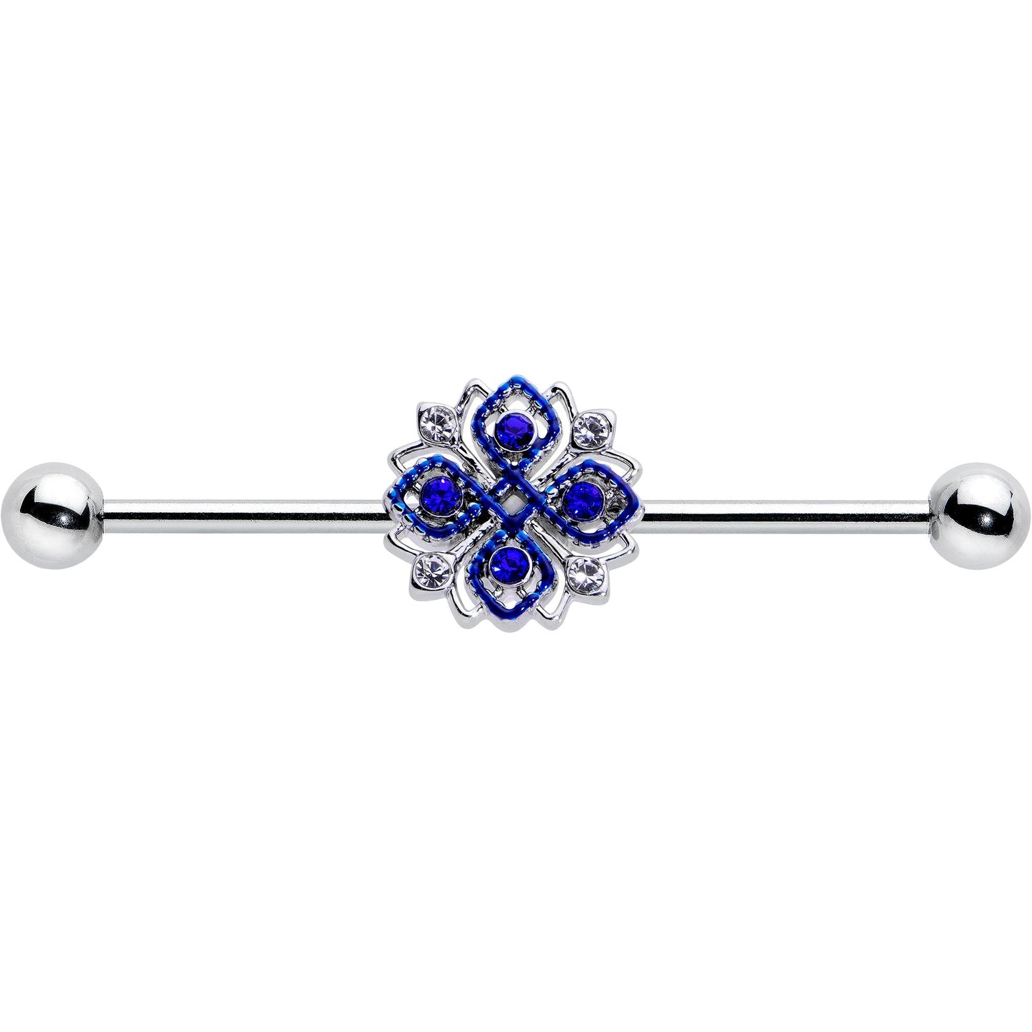 14G Clear Blue Gem Embellished Cross Industrial Barbell 38mm