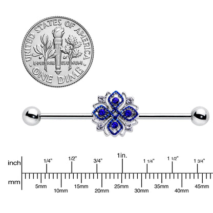 14G Clear Blue Gem Embellished Cross Industrial Barbell 38mm