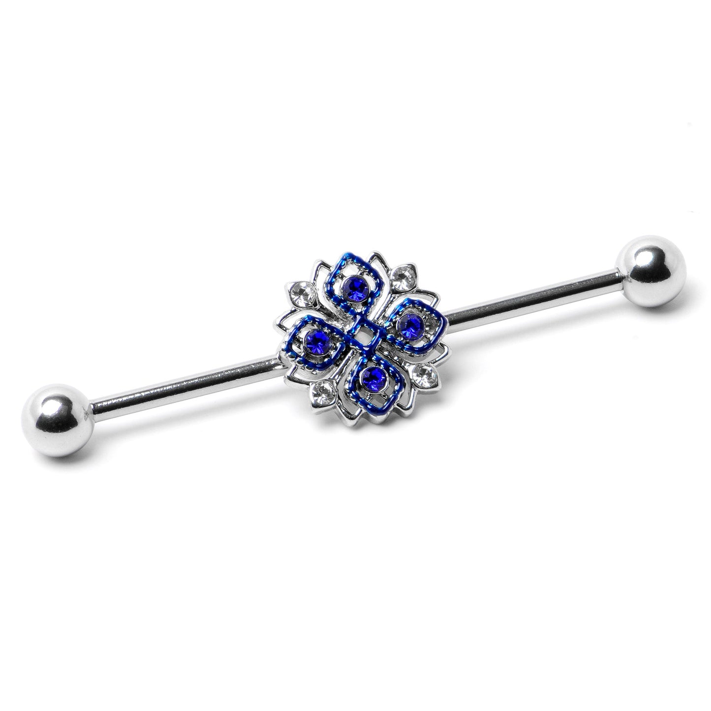 14G Clear Blue Gem Embellished Cross Industrial Barbell 38mm