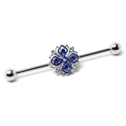 14G Clear Blue Gem Embellished Cross Industrial Barbell 38mm