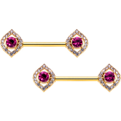 14G 9/16 Clear Pink Gem Gold Tone Open Eye Barbell Nipple Ring Set