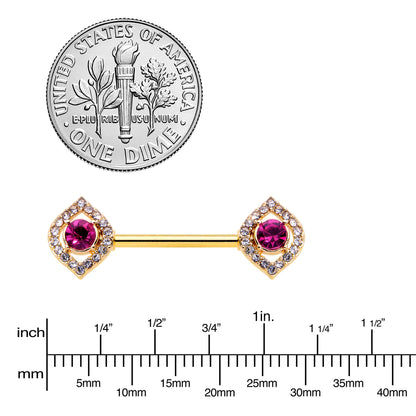 14G 9/16 Clear Pink Gem Gold Tone Open Eye Barbell Nipple Ring Set