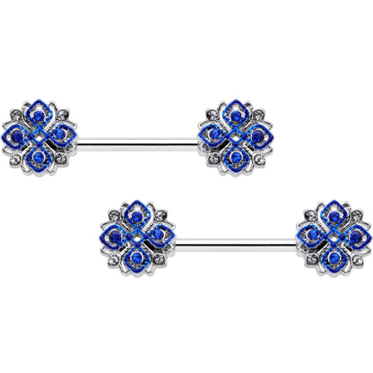 14G 9/16 Clear Blue Gem Embellished Cross Barbell Nipple Ring Set