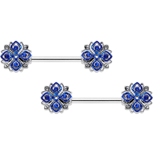 14G 9/16 Clear Blue Gem Embellished Cross Barbell Nipple Ring Set