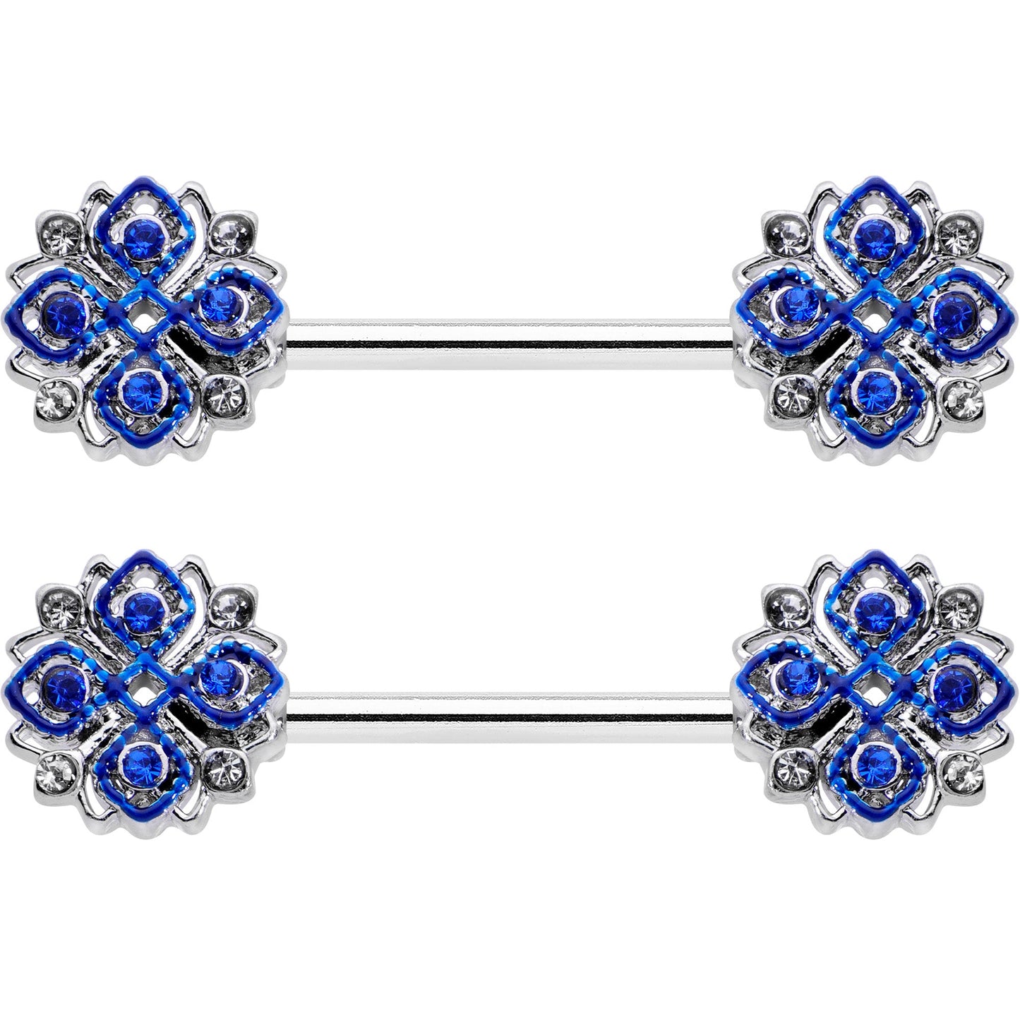 14G 9/16 Clear Blue Gem Embellished Cross Barbell Nipple Ring Set