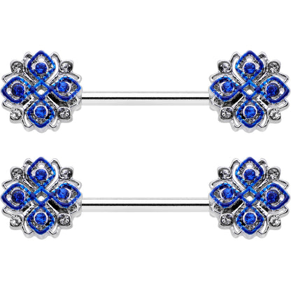 14G 9/16 Clear Blue Gem Embellished Cross Barbell Nipple Ring Set