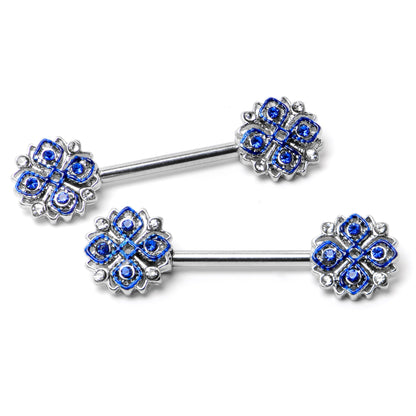 14G 9/16 Clear Blue Gem Embellished Cross Barbell Nipple Ring Set