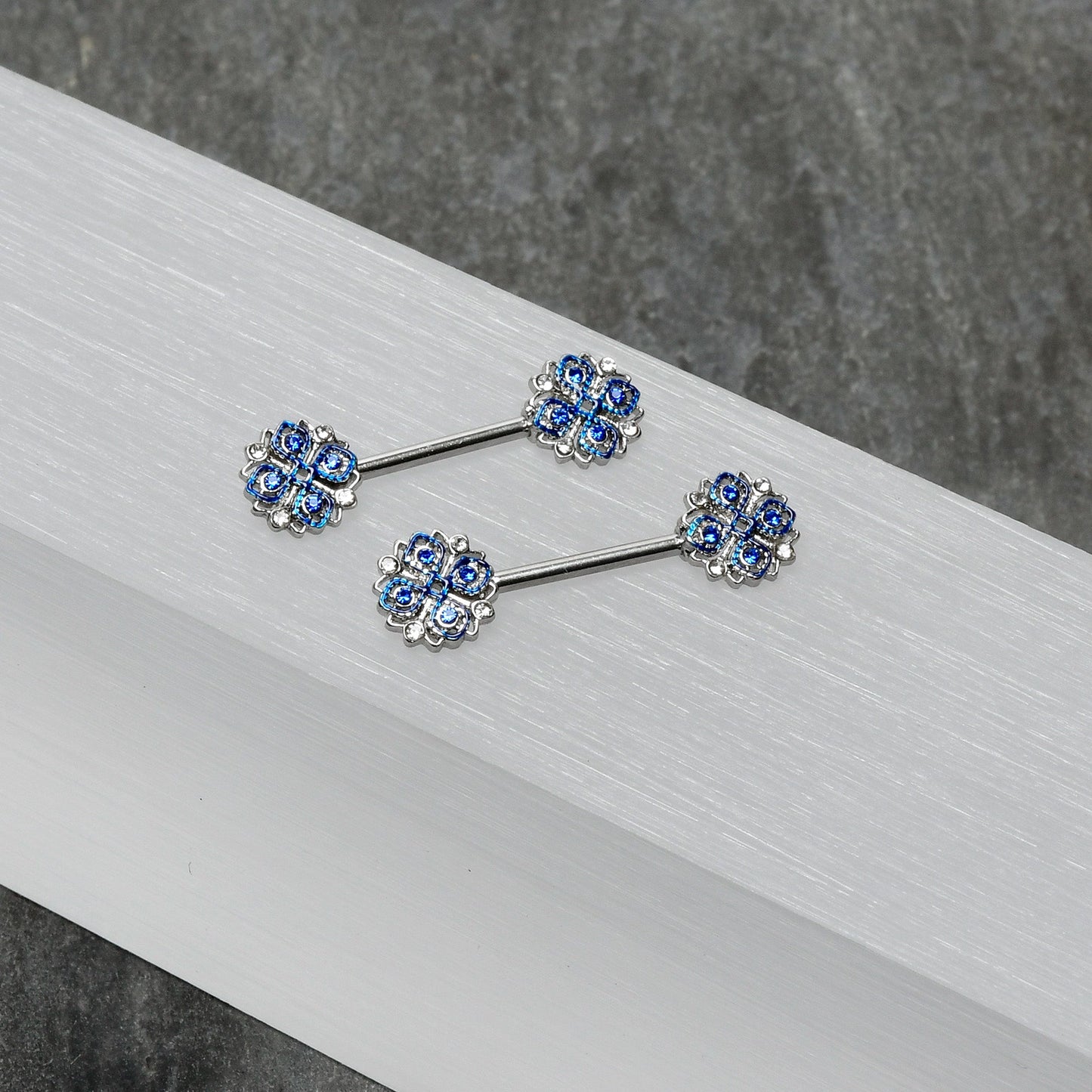 14G 9/16 Clear Blue Gem Embellished Cross Barbell Nipple Ring Set