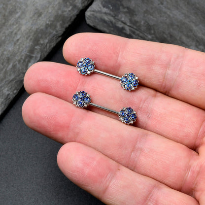 14G 9/16 Clear Blue Gem Embellished Cross Barbell Nipple Ring Set