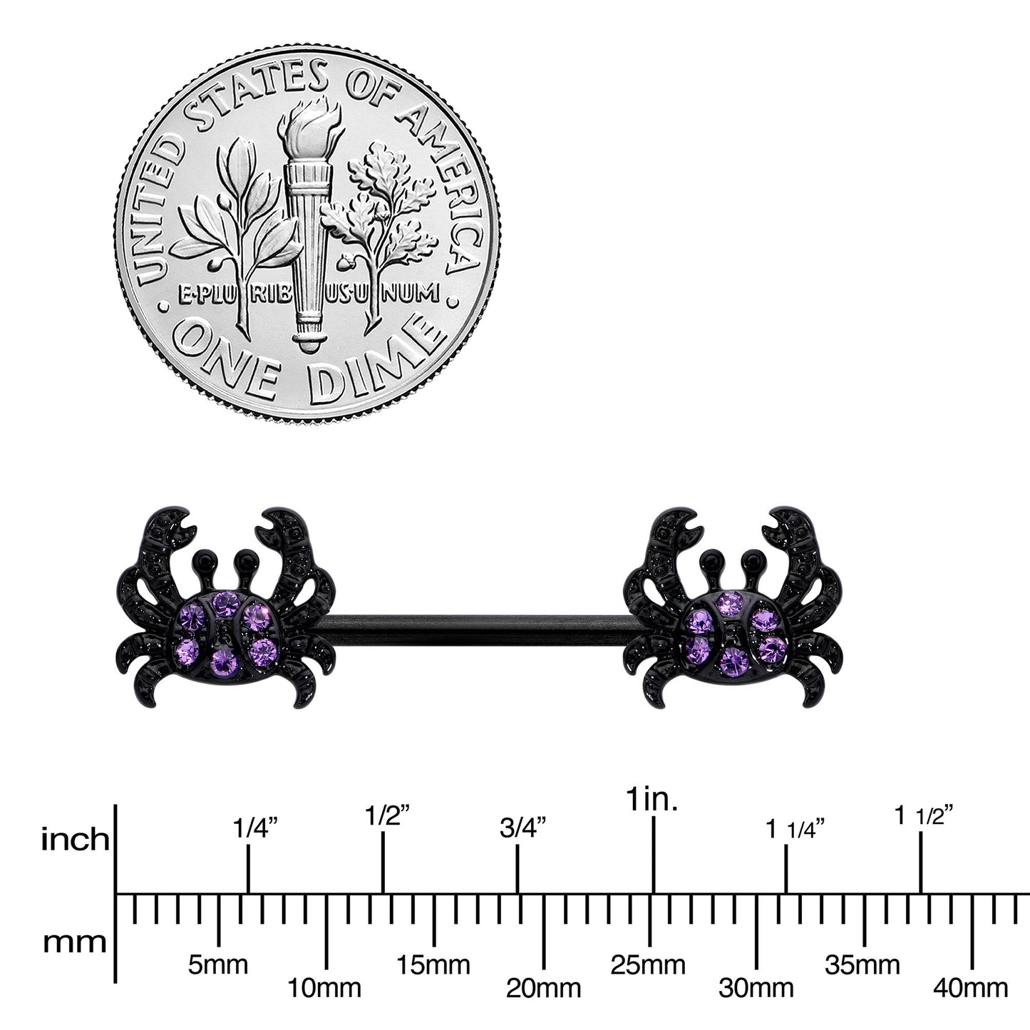 14G 9/16 Purple Gem Black Chic Crab Barbell Nipple Ring Set