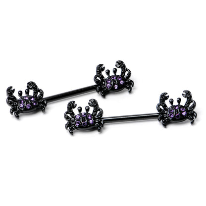14G 9/16 Purple Gem Black Chic Crab Barbell Nipple Ring Set