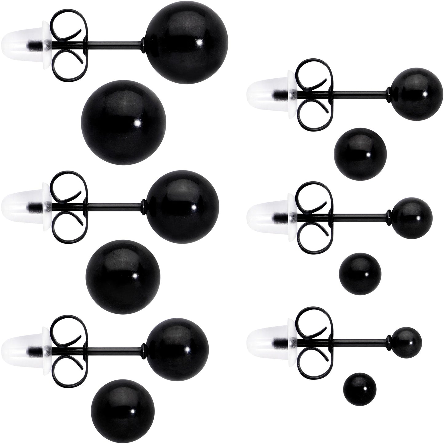 3mm-8mm Ball Stud Black 316L Stainless Steel Earrings 6 Pack