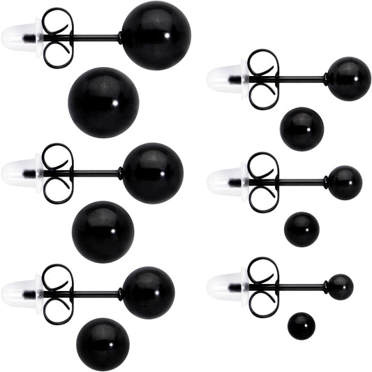 3mm-8mm Ball Stud Black 316L Stainless Steel Earrings 6 Pack