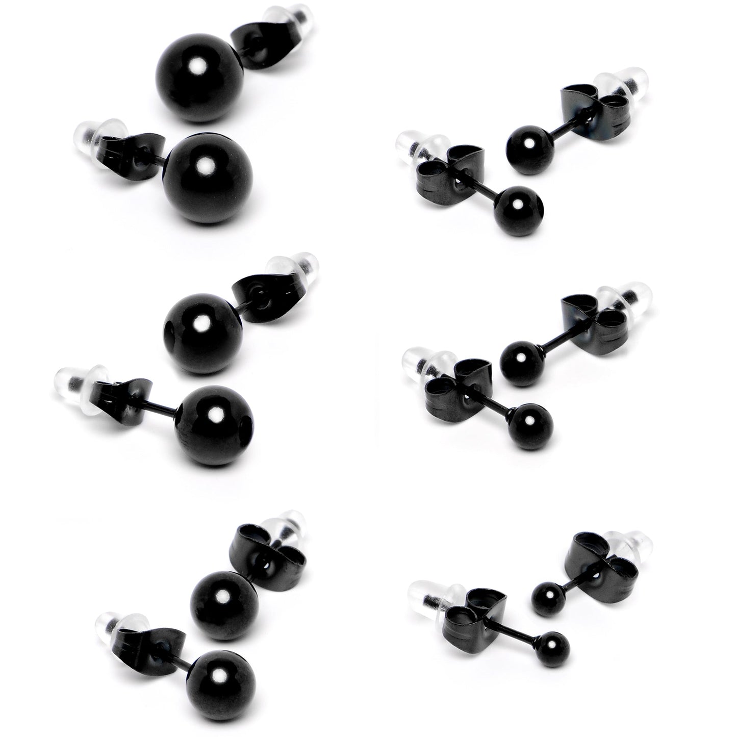 3mm-8mm Ball Stud Black 316L Stainless Steel Earrings 6 Pack