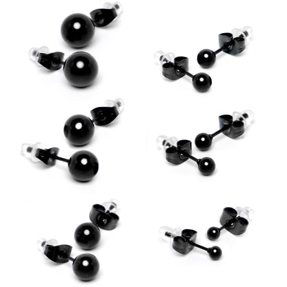 3mm-8mm Ball Stud Black 316L Stainless Steel Earrings 6 Pack