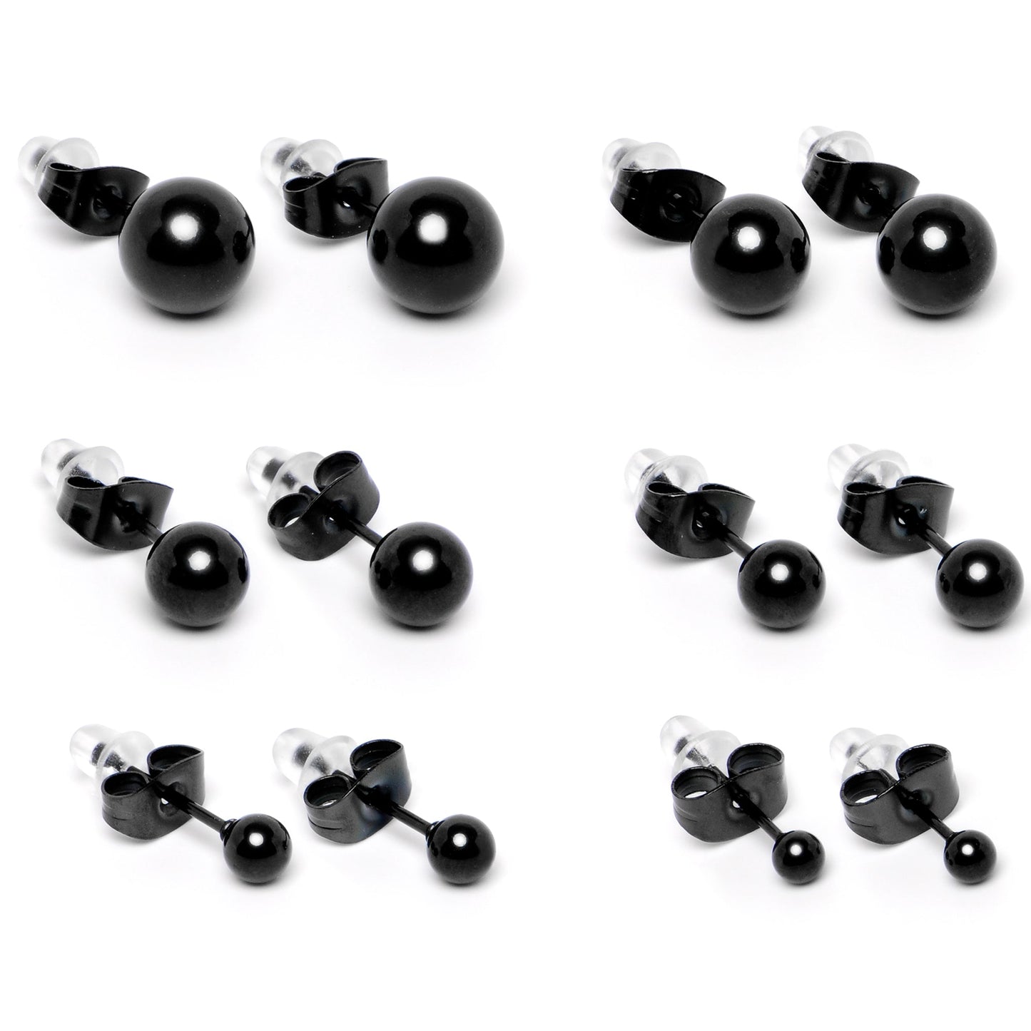 3mm-8mm Ball Stud Black 316L Stainless Steel Earrings 6 Pack