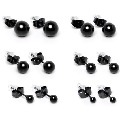 3mm-8mm Ball Stud Black 316L Stainless Steel Earrings 6 Pack