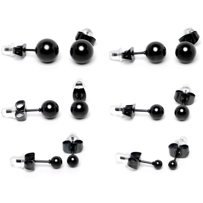3mm-8mm Ball Stud Black 316L Stainless Steel Earrings 6 Pack