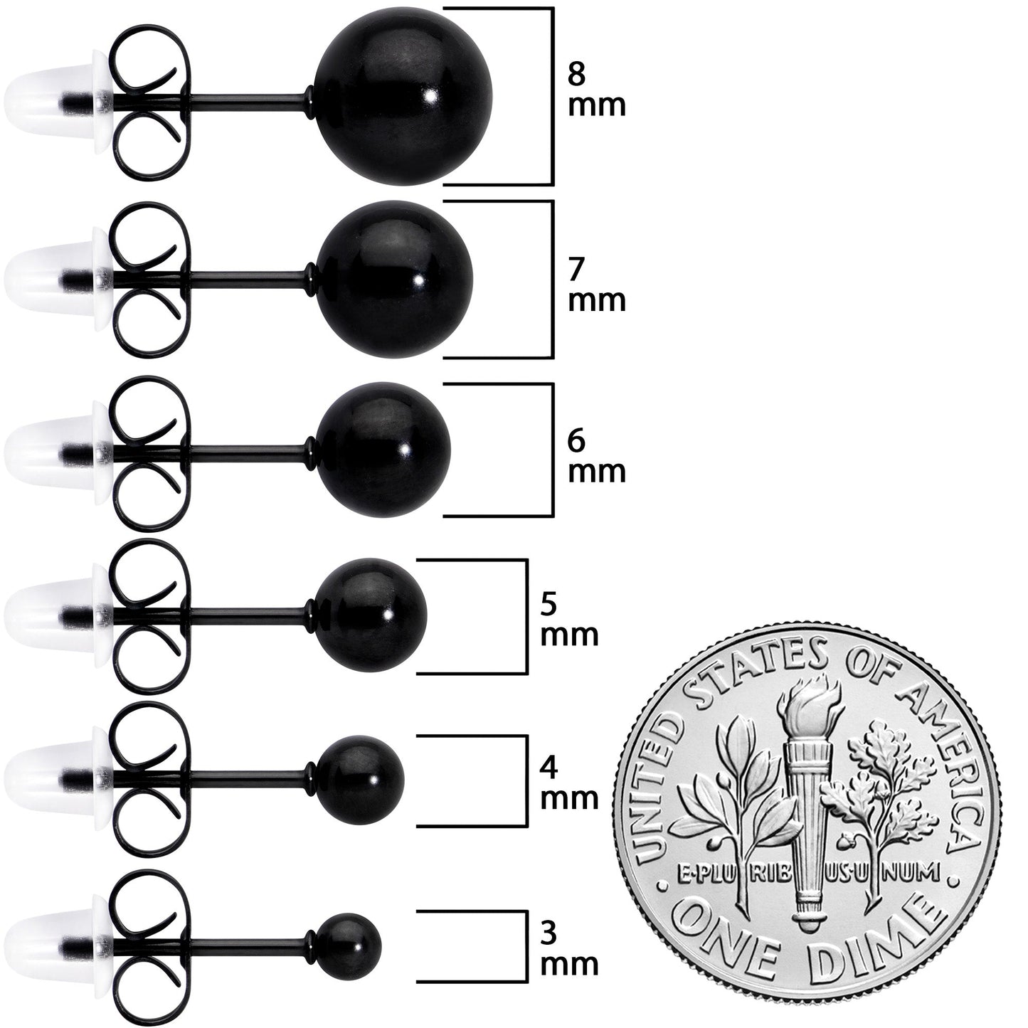 3mm-8mm Ball Stud Black 316L Stainless Steel Earrings 6 Pack