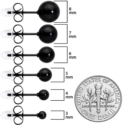 3mm-8mm Ball Stud Black 316L Stainless Steel Earrings 6 Pack