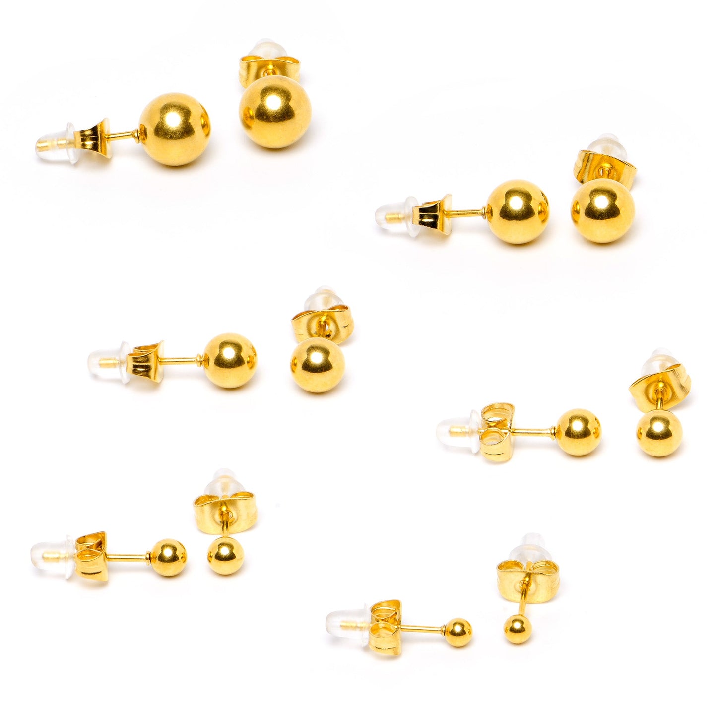 3mm-8mm Ball Stud Gold Tone 316L Stainless Steel Earrings 6 Pack