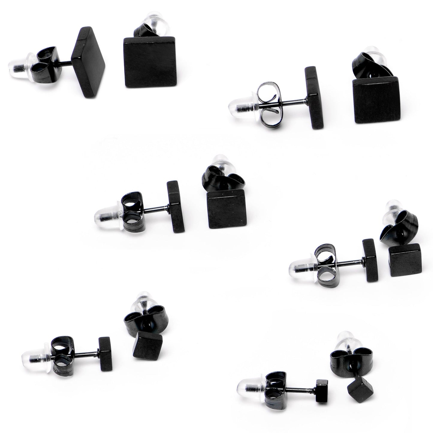 3mm-8mm Square Stud Black 316L Stainless Steel Earrings 6 Pack