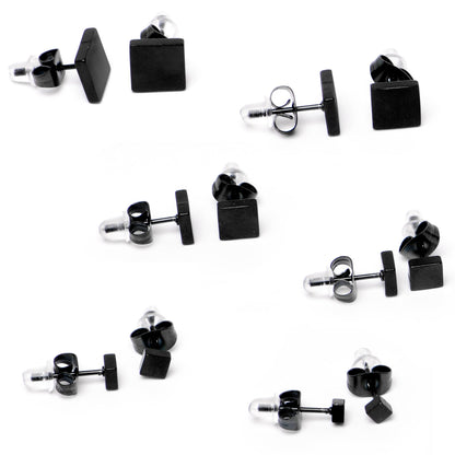 3mm-8mm Square Stud Black 316L Stainless Steel Earrings 6 Pack