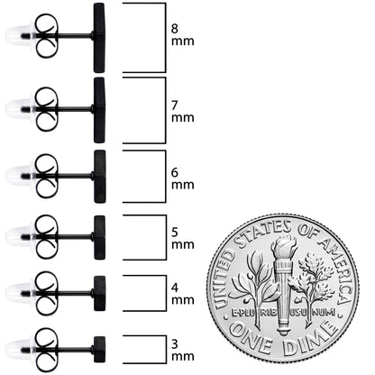 3mm-8mm Square Stud Black 316L Stainless Steel Earrings 6 Pack