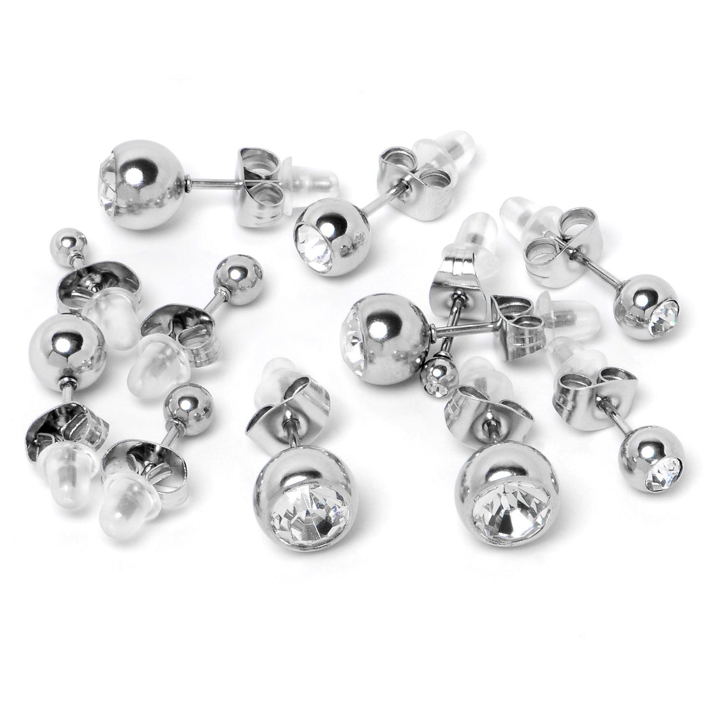 Clear Gem 3mm to 8mm Ball End Stud Earrings Set of 6