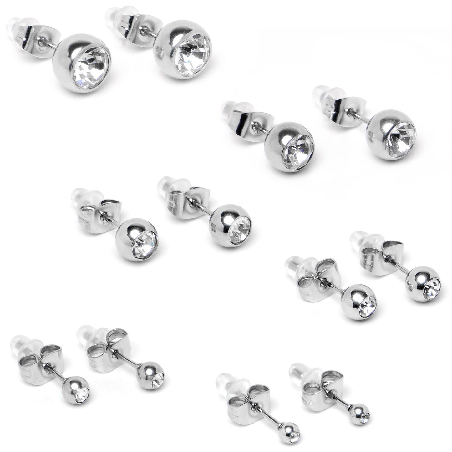 Clear Gem 3mm to 8mm Ball End Stud Earrings Set of 6