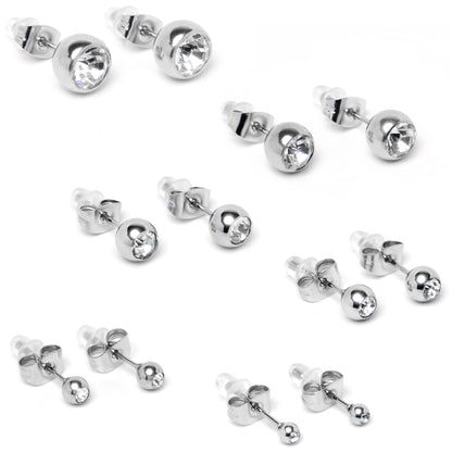Clear Gem 3mm to 8mm Ball End Stud Earrings Set of 6
