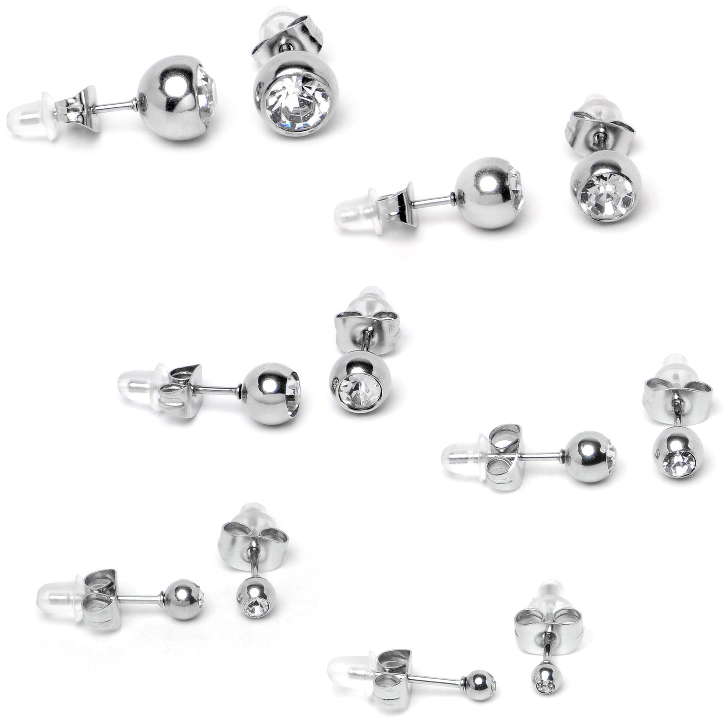 Clear Gem 3mm to 8mm Ball End Stud Earrings Set of 6