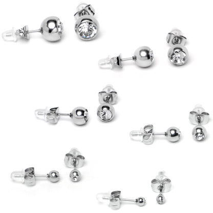 Clear Gem 3mm to 8mm Ball End Stud Earrings Set of 6