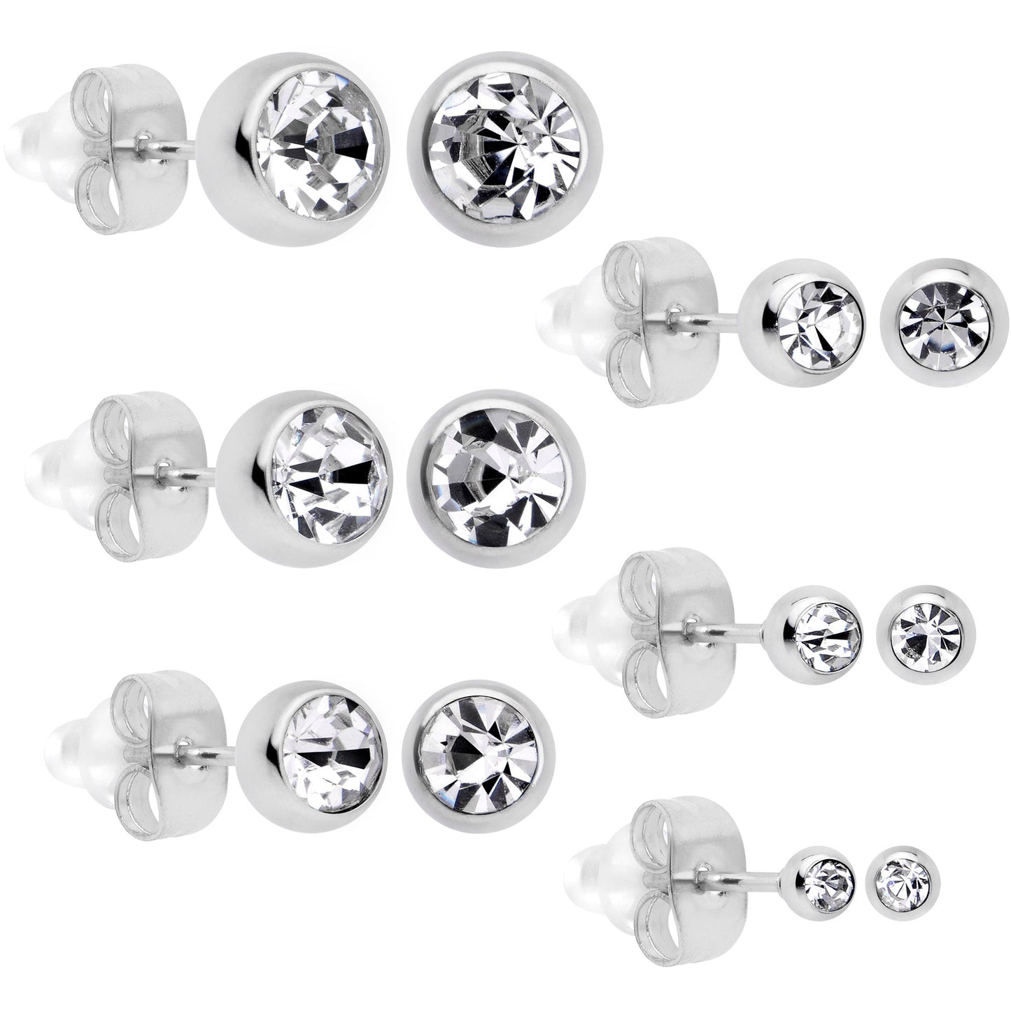 Clear Gem 3mm to 8mm Ball End Stud Earrings Set of 6