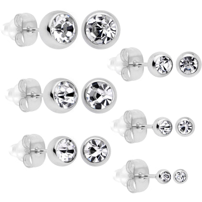 Clear Gem 3mm to 8mm Ball End Stud Earrings Set of 6