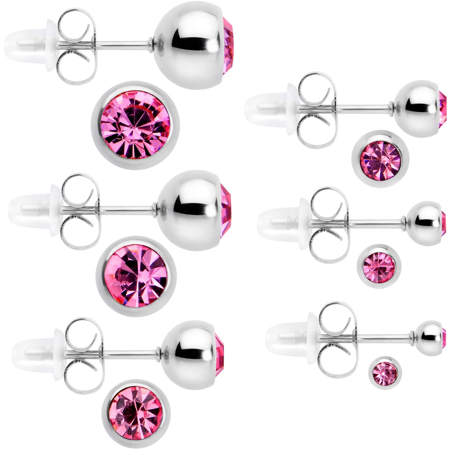Pink Gem 3mm to 8mm Ball End Stud Earrings Set of 6