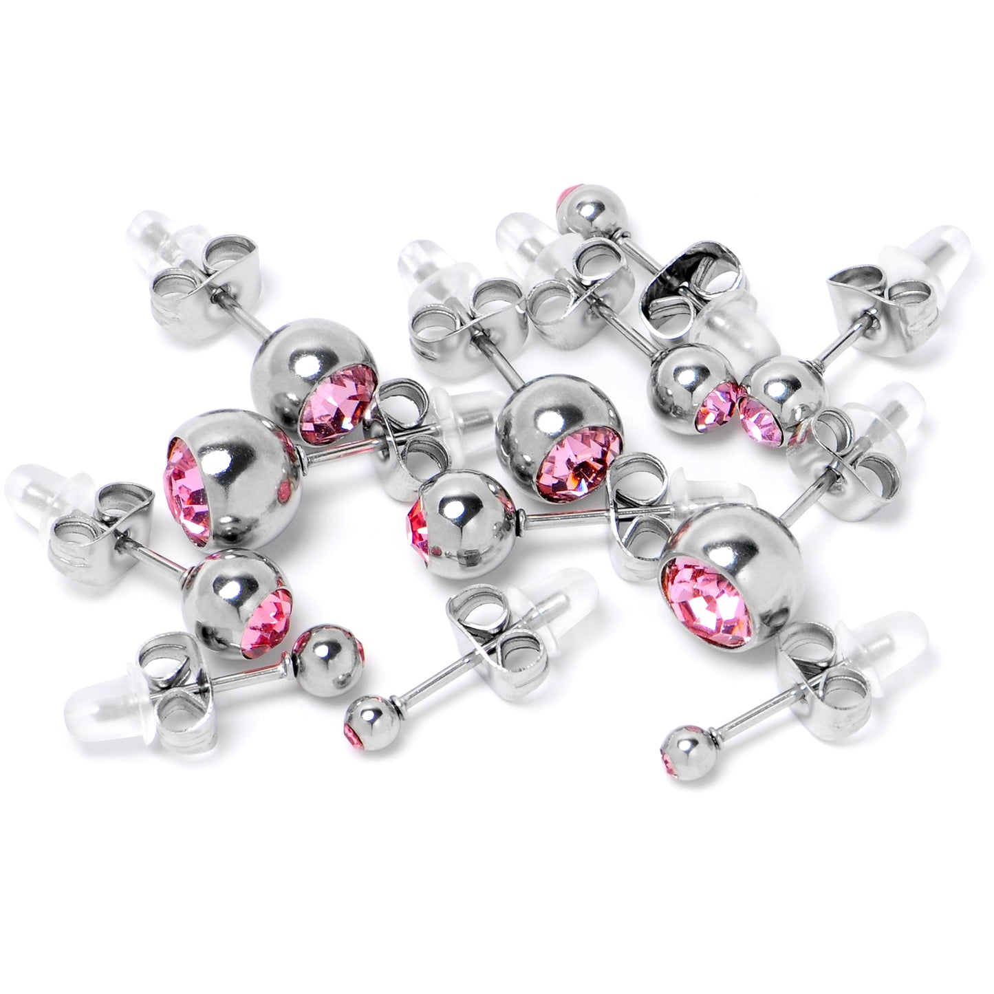 Pink Gem 3mm to 8mm Ball End Stud Earrings Set of 6