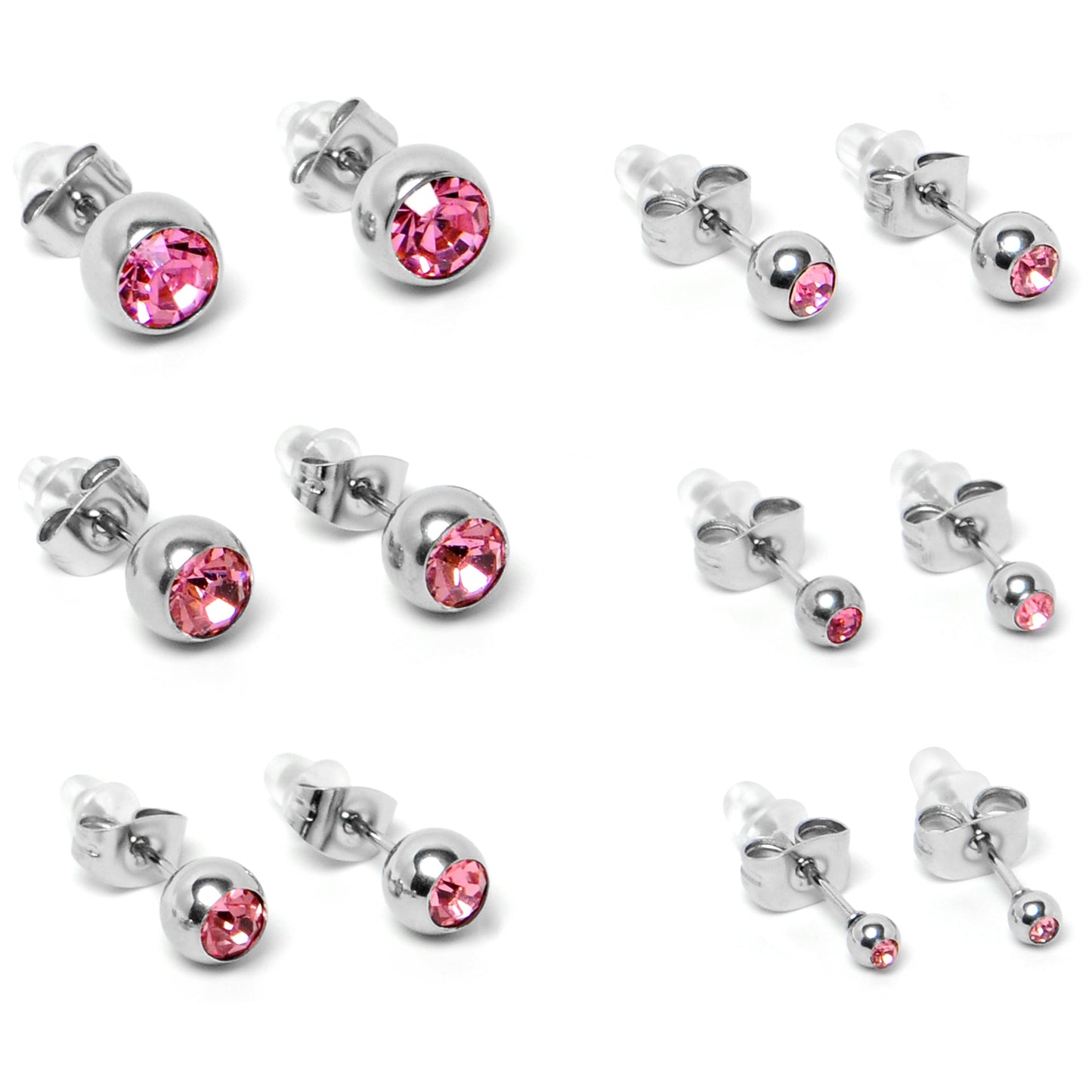 Pink Gem 3mm to 8mm Ball End Stud Earrings Set of 6