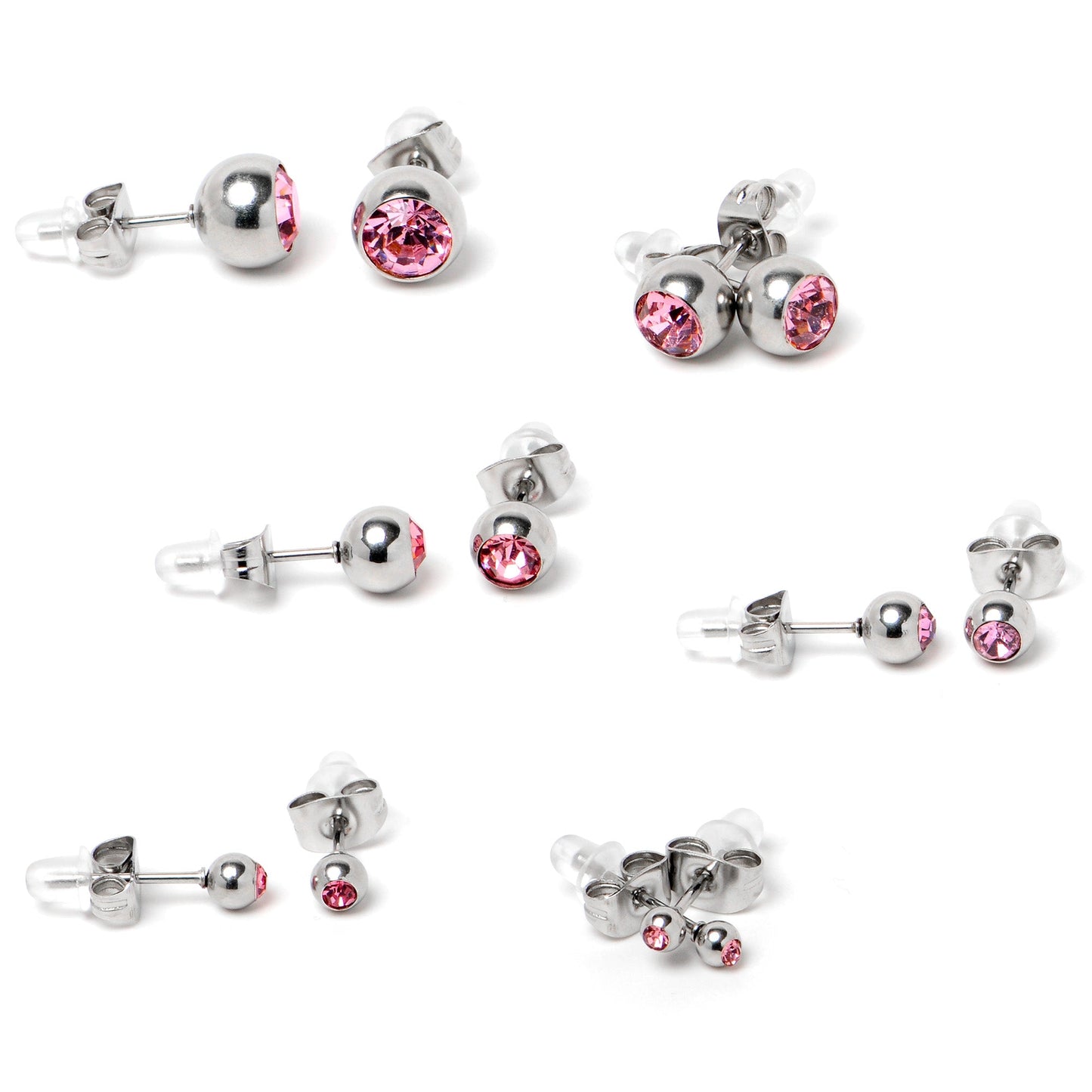 Pink Gem 3mm to 8mm Ball End Stud Earrings Set of 6