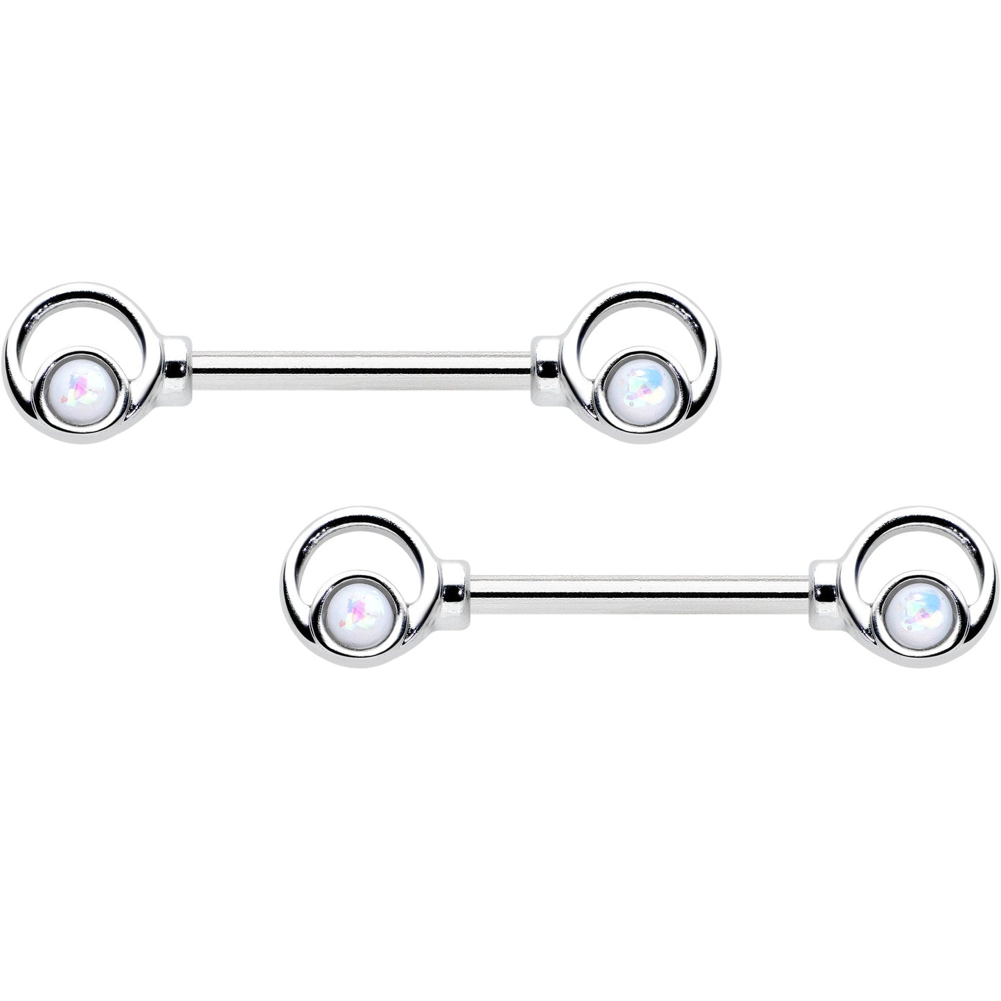 14G 1/2 White Faux Opal Double Circle Barbell Nipple Ring Set