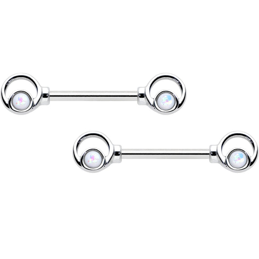 14G 1/2 White Faux Opal Double Circle Barbell Nipple Ring Set