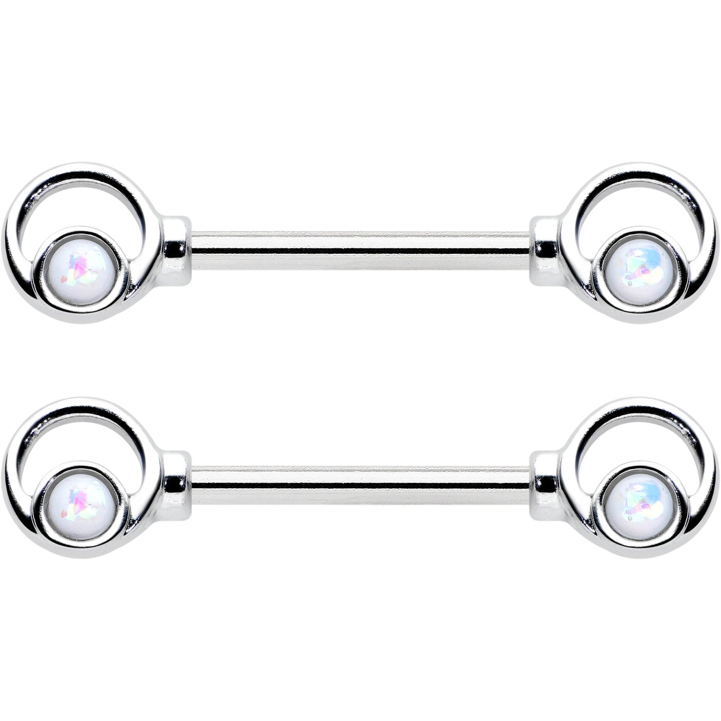 14G 1/2 White Faux Opal Double Circle Barbell Nipple Ring Set