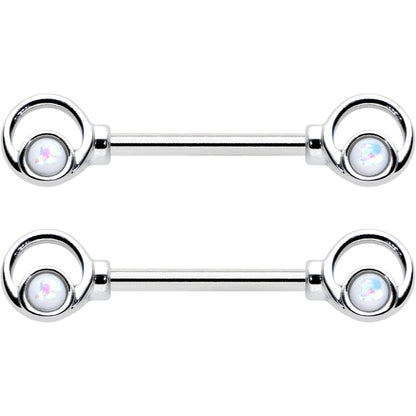 14G 1/2 White Faux Opal Double Circle Barbell Nipple Ring Set