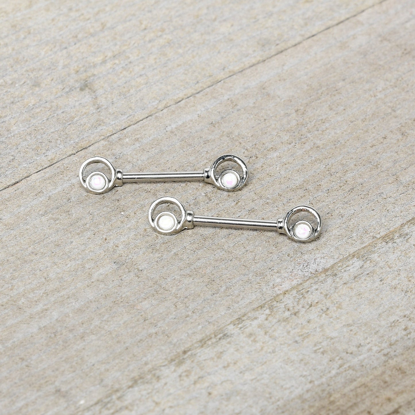 14G 1/2 White Faux Opal Double Circle Barbell Nipple Ring Set