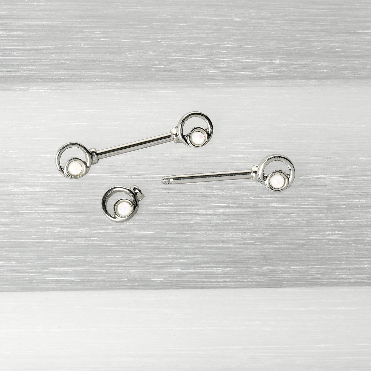 14G 1/2 White Faux Opal Double Circle Barbell Nipple Ring Set
