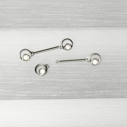 14G 1/2 White Faux Opal Double Circle Barbell Nipple Ring Set