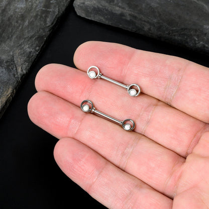 14G 1/2 White Faux Opal Double Circle Barbell Nipple Ring Set