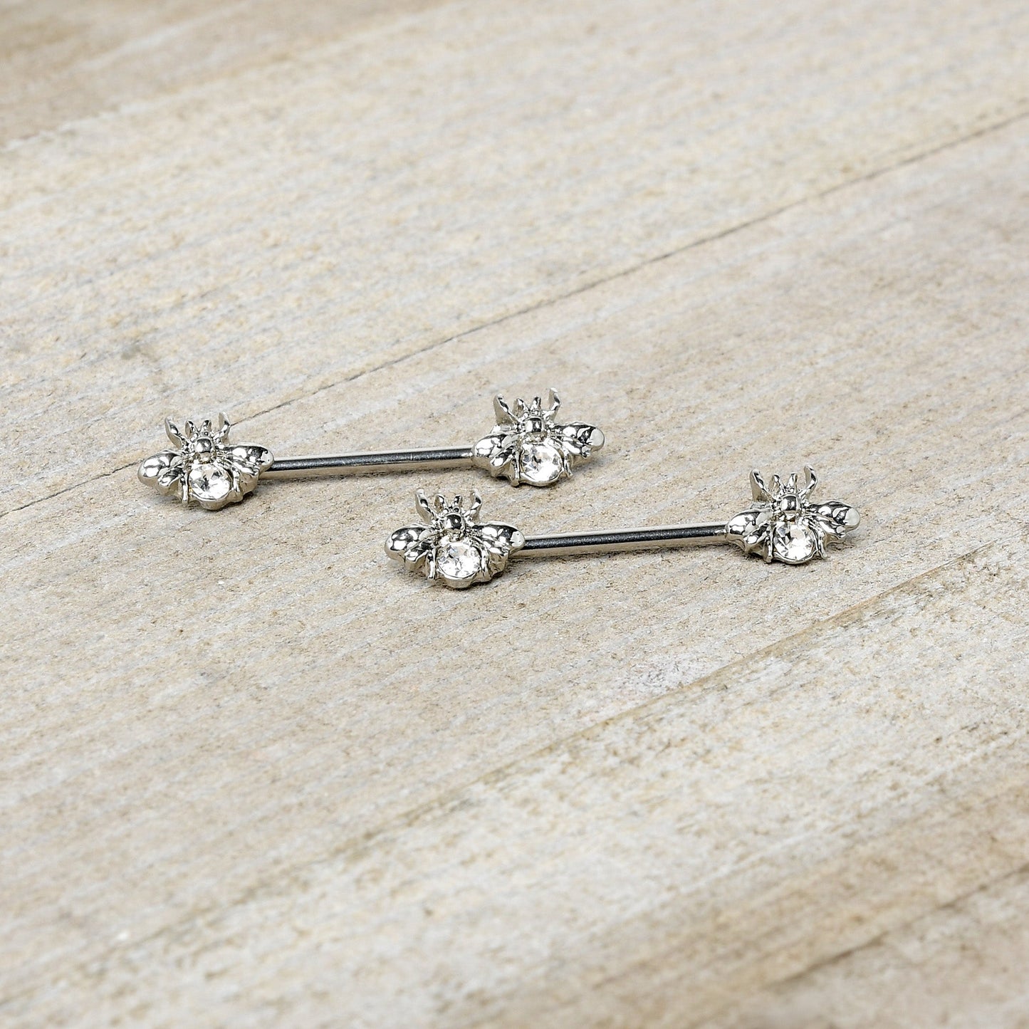 14G 9/16 Clear Gem Bee Beautiful Insect Barbell Nipple Ring Set