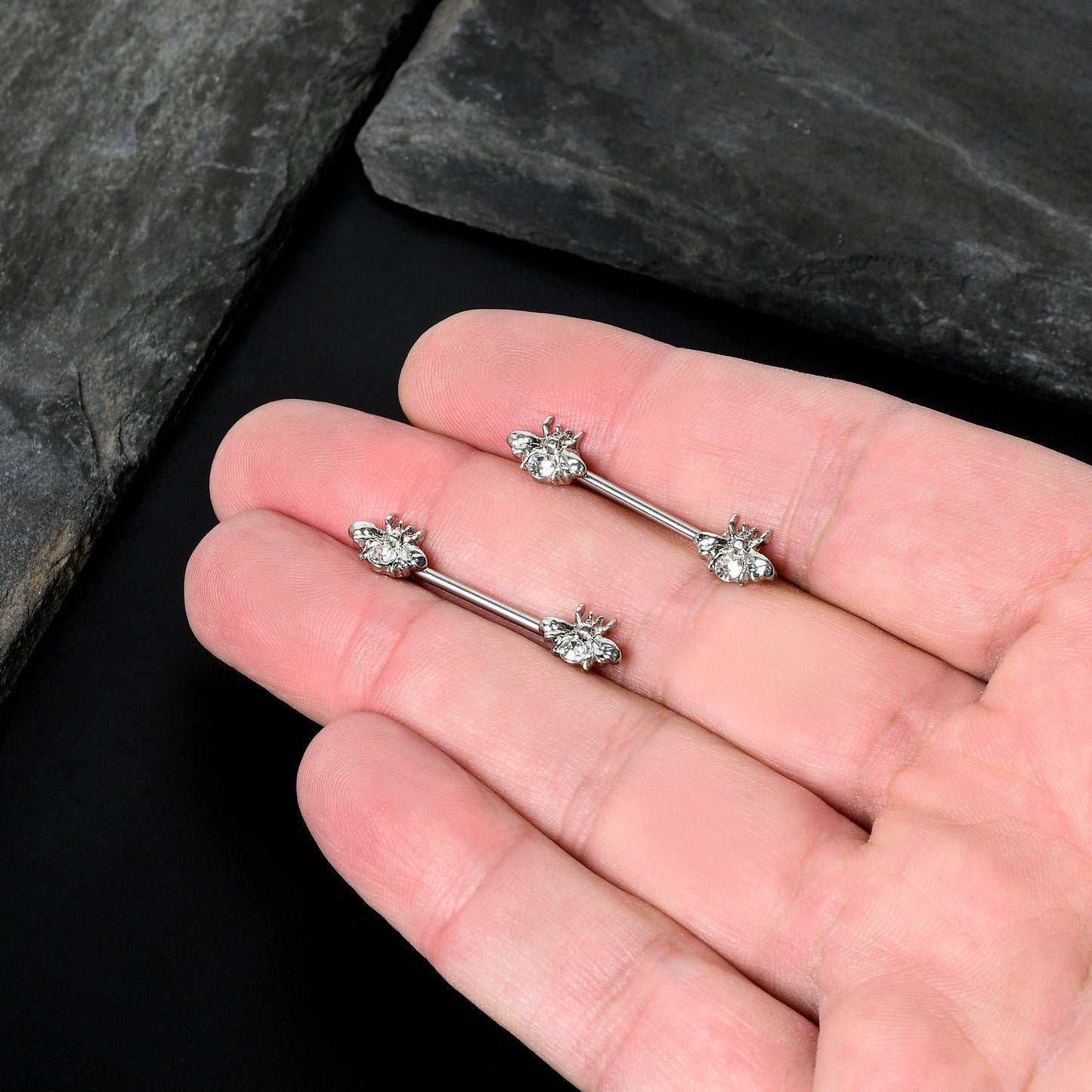 14G 9/16 Clear Gem Bee Beautiful Insect Barbell Nipple Ring Set