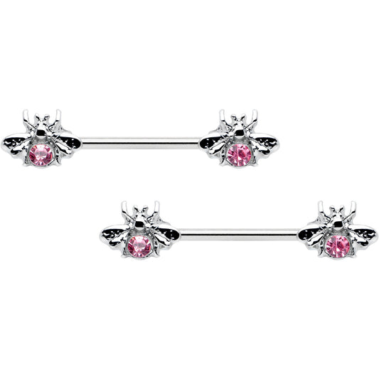 14G 9/16 Pink Gem Bee Beautiful Insect Barbell Nipple Ring Set